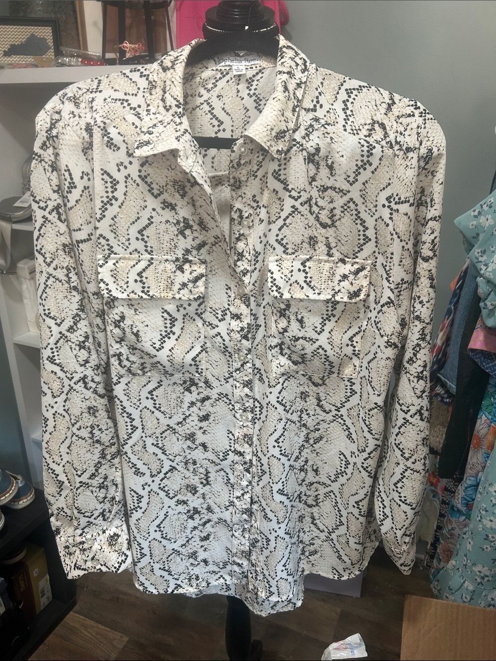 Snake Print Button-Up Blouse in Cream and Black PTP 22” F 26” Back 30”